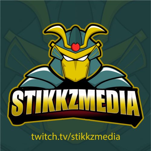 The logo of StikkzMedia, a green cartoon samurai